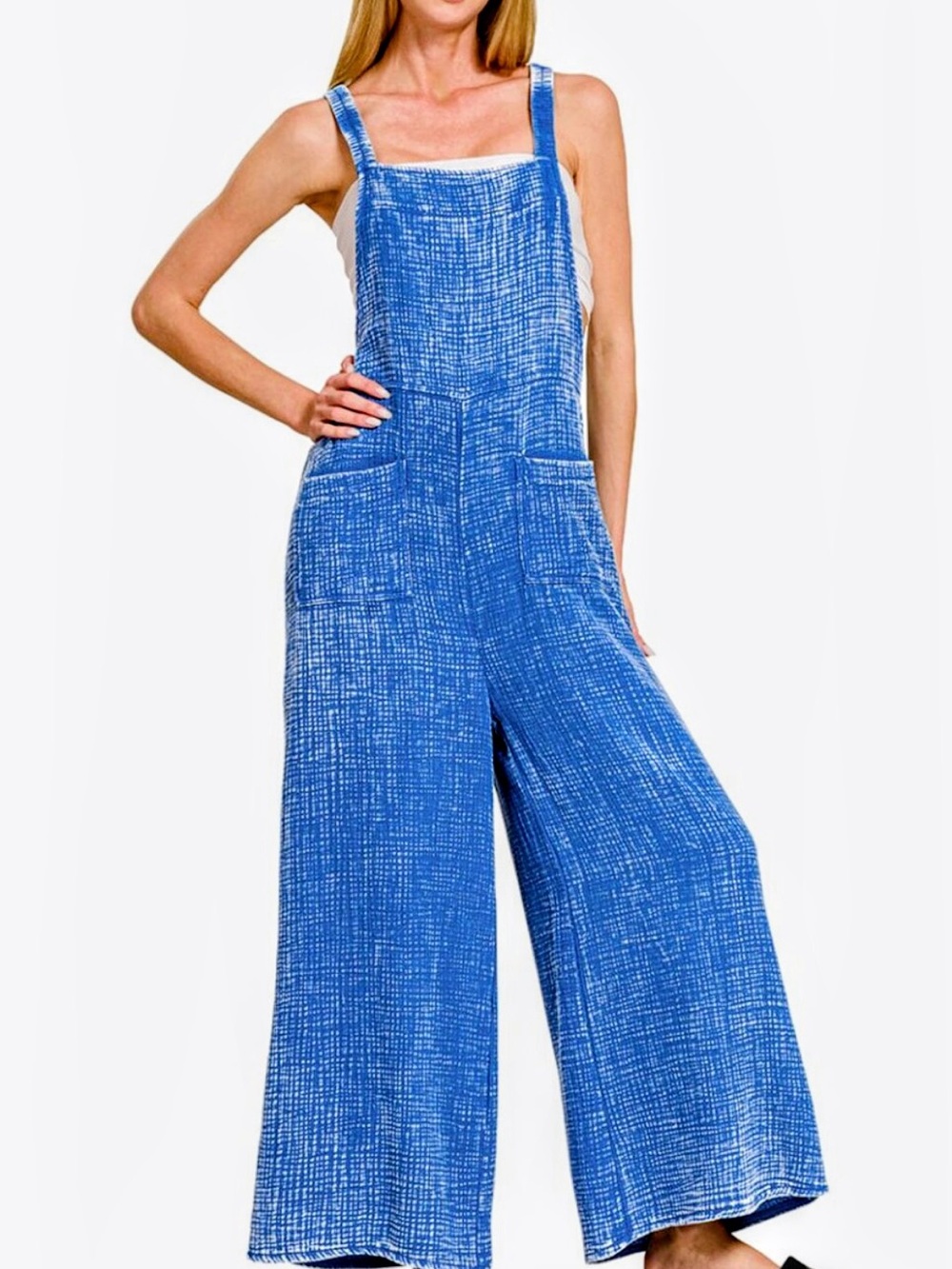 Zenana Outfitters Blue Wide-Leg Gauze Linen-Blend Jumpsuit. Sizes S-L. Deep Sky